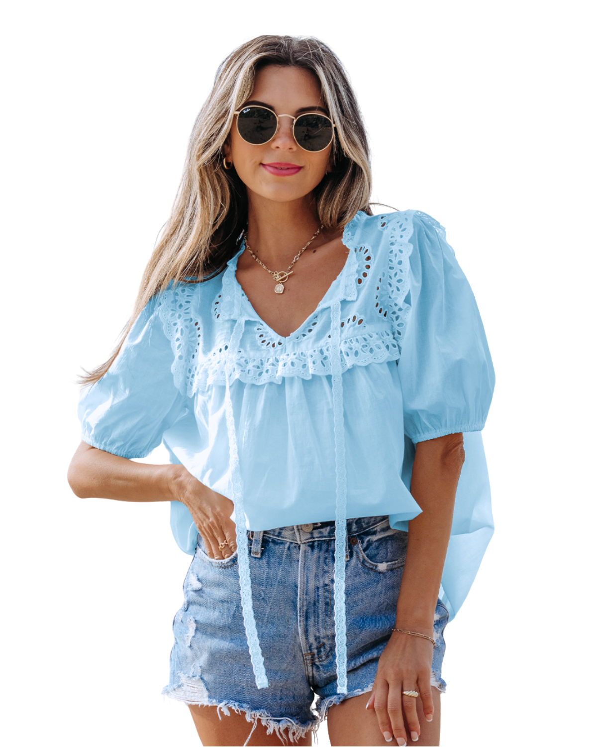 Luna Lace Women's Embroidered Puff Sleeves Blouse